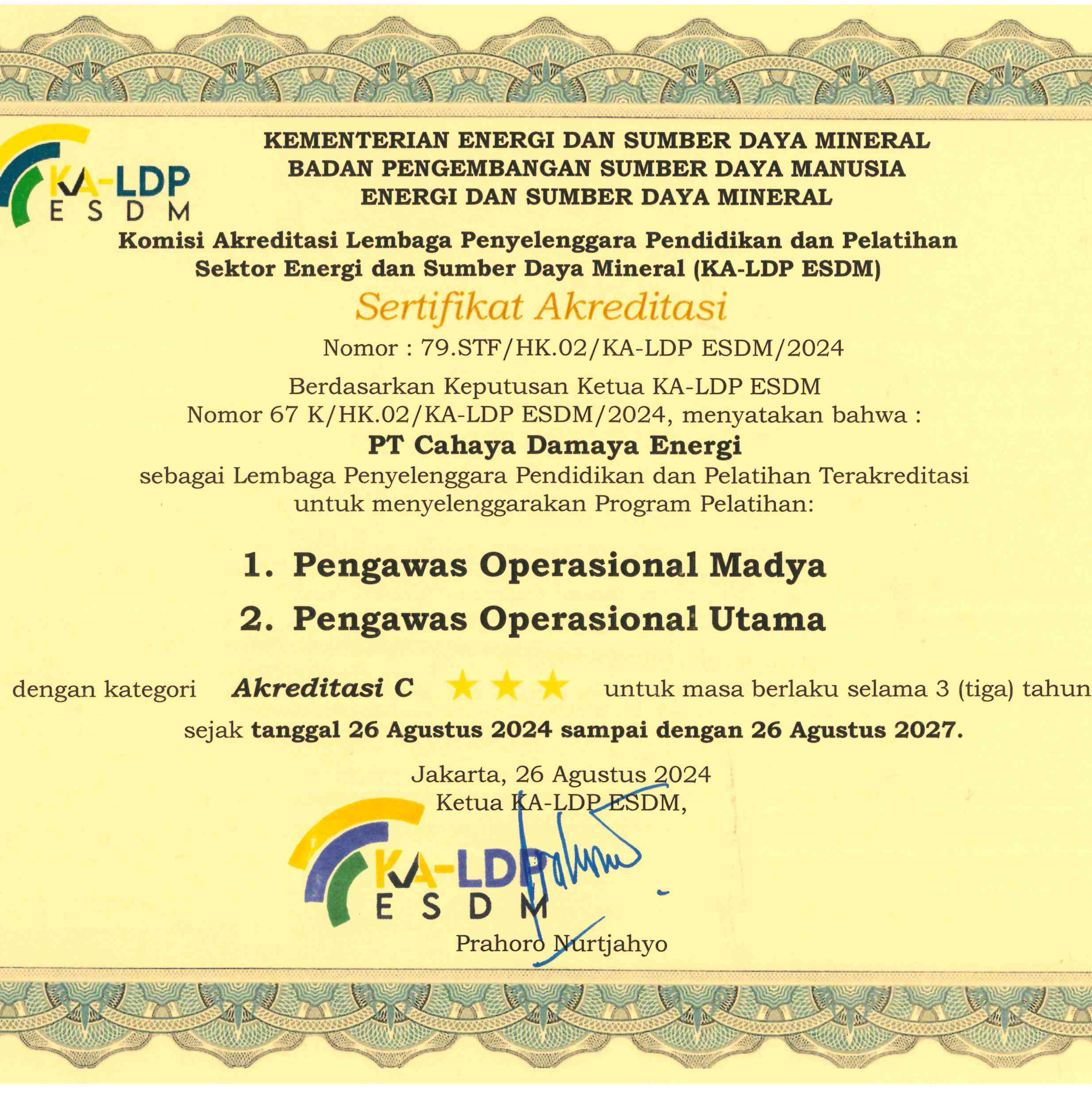 Nomor Sertifikat: 79.STF/HK.02/KA-LDP ESDM/2024.